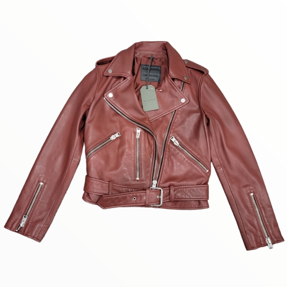 All Saints Balfern Leather Biker Jacket Fire Red Moto Burgundy Maroon Size 4 - Picture 4 of 7